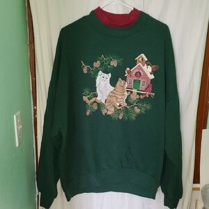Vintage 80s 90s Cat Bird Schoolhouse Birdfeeder Sweatshirt
